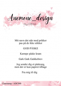 Billede: Anemone_design Clearstamp, Tekster, ADC040, , A7, Mit navn det står med prikker pas på de ikke stikker, GOD PÅSKE, Gæk Gæk Gækkebrev, Jeg sender dig et påskeæg, men der er kun papiret tilbage, Fra mig til dig, førpris kr. 48,- nupris