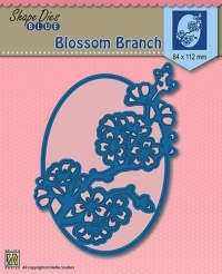 Billede: skæreskabelon oval med blomster, der bliver siddende i kartonen, NS SHAPE DIES BLUE “Blossom Branch” SDB007, 84x112mm, førpris kr. 62,- nupris