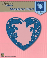 Billede: skæreskabelon hjerte med vintergækker, der bliver siddende i kartonen, NS SHAPE DIES BLUE “Snowdrops Heart” SDB008, 97x92mm, førpris kr. 60,- nupris