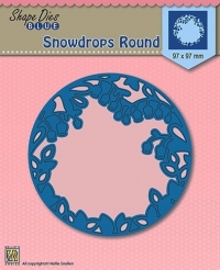 Billede: skæreskabelon rund ring af vintergækker, der bliver siddende i kartonen, NS SHAPE DIES BLUE “Snowdrops Round” SDB009, 97x97mm, førpris kr. 62,- nupris