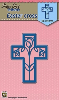 Billede: skæreskabelon blomster i et kors, NS SHAPE DIES BLUE “Easter Cross” SDB014, 65x85mm, førpris kr. 44,- nupris