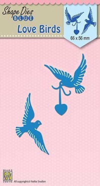 Billede: skæreskabelon 2 duer med et hjerte, , NS SHAPE DIES BLUE “Love Birds” SDB038, førpris kr. 32,- nupris