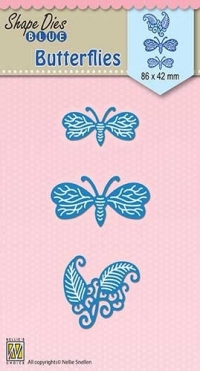 Billede: skæreskabelon 2 sommerfugle og blade, NS SHAPE DIES BLUE “Butterflies” SDB039, 86x42mm, førpris kr. 30,- nupris
