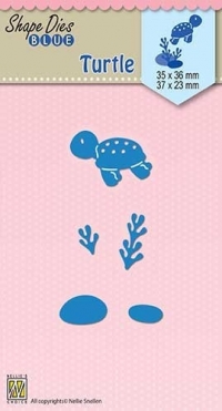 Billede: skæreskabelon skildpadde, tang og sten, NS SHAPE DIES BLUE “Turtle” SDB043, Biggest: 35x36mm, førpris kr. 26,- nupris