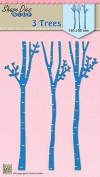 Billede: skæreskabelon 3 træstammer, NS SHAPE DIES BLUE “3 Trees” SDB050, 140x95mm, førpris kr. 84,- nupris