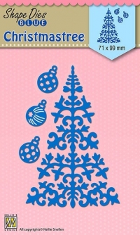Billede: skæreskabelon juletræ med kugler, NS SHAPE DIES BLUE “Christmas Tree & Baubles” SDB063, 71x99mm, førpris kr. 54,- nupris