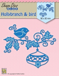 Billede: skæreskabelon fugl på julegren med julekugle, NS SHAPE DIES BLUE “Holly Branch, Bauble & Bird” SDB064, 96x80mm, førpris kr. 54,- nupris