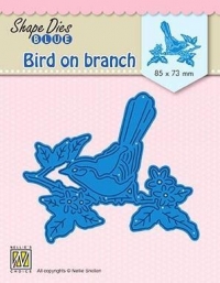 Billede: skæreskabelon fugl på gren, NS SHAPE DIES BLUE “Bird on branch” SDB073, 85x73mm, førpris kr. 72,- nupris