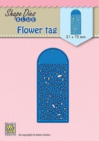 Billede: skæreskabelon 1 stor tag med udskæring, NS SHAPE DIES BLUE “Flower tag” SDB077, 31x72mm, førpris kr. 30,- nupris