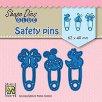 Billede: skæreskabelon 3 sikkerhedsnåle med figurer, NS SHAPE DIES BLUE “Safety pins” SDB079, 62x40mm, førpris kr. 30,- nupris