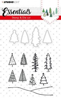 Billede: skæreskabelon og stempel juletræer, STUDIO LIGHT STAMP & DIE A6 BASICSDC19, førpris kr. 68,- nupris