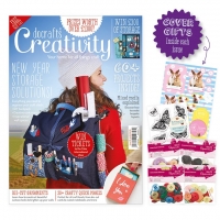 Billede: Docrafts Creativity magasin januar incl. 3 gaver, 1 pose knapper, stempel med 5 sommerfugle og decoupageark. 
