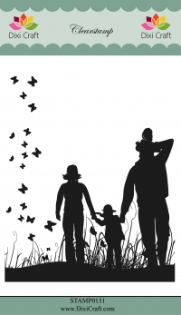 Billede: DIXI CRAFT CLEARSTAMP STAMP0131, 10,5x12,7cm, far, mor og børn i engen med sommerfugle