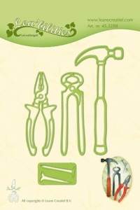 Billede: skære/prægeskabelon hammer, knibtang, bidetang og skruer, LEANE DIE CUT/EMB “Men Tools” 45.3288, førpris kr. 76,- nupris