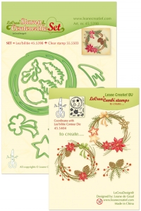 Billede: skære/prægeskabelon og stempler julekrans med julestjerne m.v., LEANE DIE & STAMP CUT/EMB “Christmas Wreath” 45.5398
