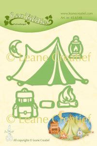 Billede: skære/prægeskabelon telt, flagermuslygte, rygsæk, brænde og bål, LEANE DIE CUT/EMB 