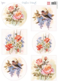 Billede: MARIANNE DESIGN 3D ARK 1 STK MB0201 Mattie's Roses, 6 billeder med blomster og fugle