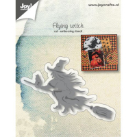 Billede: skære/prægeskabelon heks på kost, JOY CUT/EMB “Flying Witch” 6002/1063, førpris kr. 36,- nupris