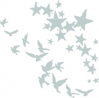 Billede: skæreskabelon 2 dies med stjerner og fugle, SIZZIX/Pete Hughes THINLITS DIE “Birds and Stars” 662673, Største: 11.75cm x 9.84cm, førpris kr. 118,- nupris