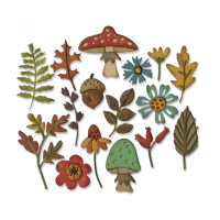 Billede: skæreskabelon blade, blomster, svamp og nød SIZZIX/TIM HOLTZ THINLITS DIE “Funky Foliage” 663087, førpris kr. 144,- nupris