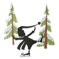 Billede: skæreskabelon lille skøjtende nisse mellem graner, SIZZIX/TIM HOLTZ THINLITS DIE