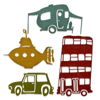 Billede: skæreskabelon sjove transportmidler, SIZZIX/TIM HOLTZ THINLITS DIE, Waxky Transport #1, 665220, førpris kr. 116,- nupris

