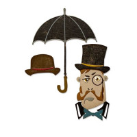 Billede: skæreskabelon mand med høj hat, bowler og paraply, SIZZIX/TIM HOLTZ THINLITS DIE, The Gent, 665202
