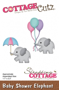 Billede: skæreskabelon elefant med ballon og paraply, COTTAGECUTZ DIES “Baby Shower Elephant” CC-293, 4,3x5,5cm, førpris kr. 82,- nupris