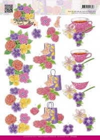 Billede: blomsterkrans, indkøbspose og blomster  samt en kop te, gave og blomster, Jeanine´s Art