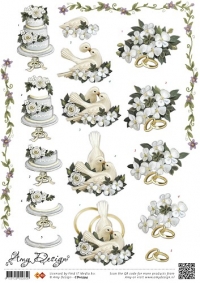 Billede: bryllupskage, duer og blomster med ringe, amy design